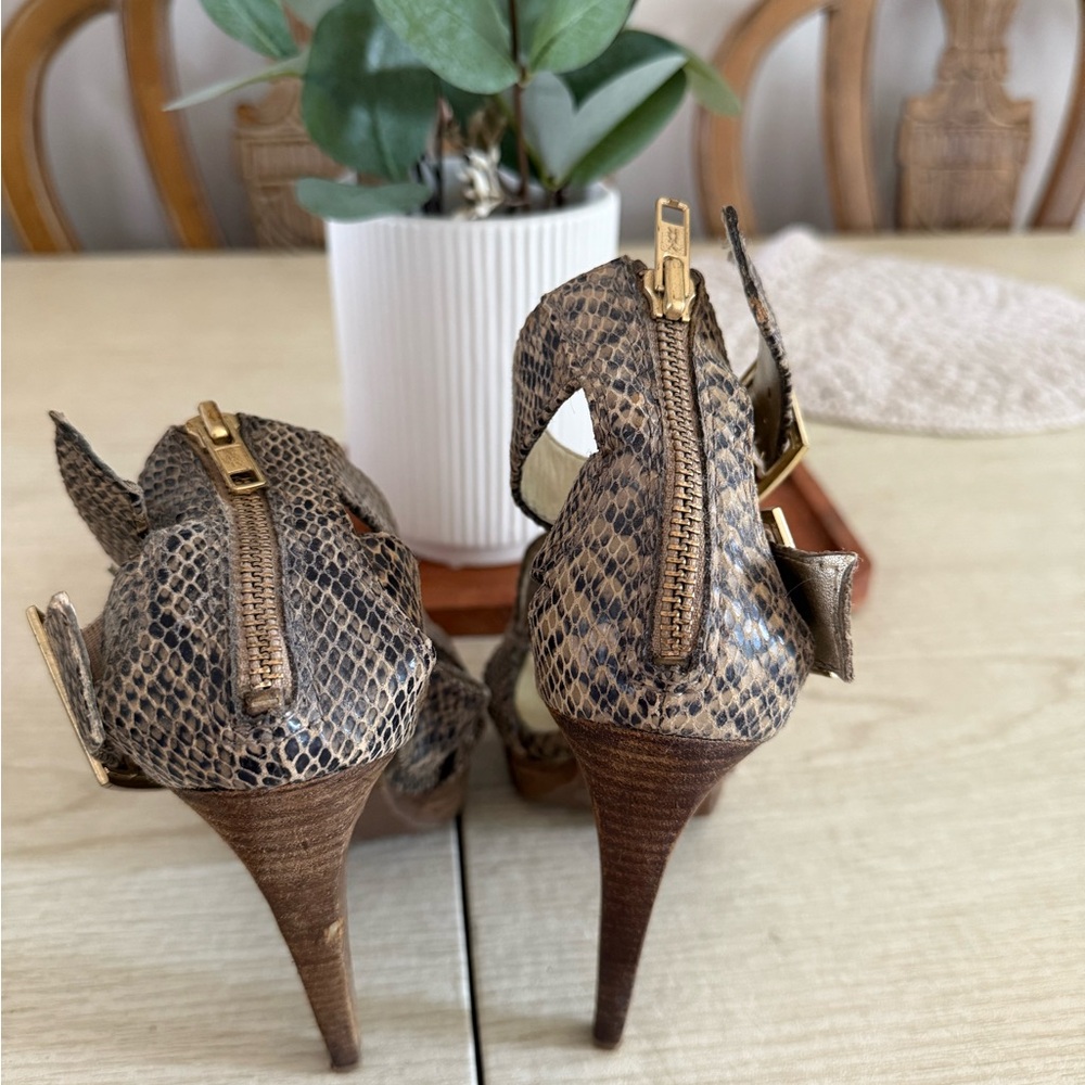 Jessica Simpson Snake Print Strappy High Heel Sandals with Gold Buckles - Picture 3 of 5